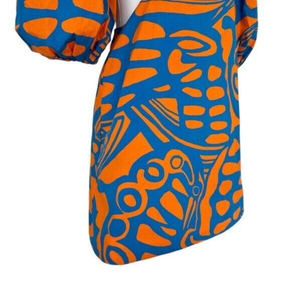 Alexis Bodhi Indigo Blue Orange Puff Sleeve Cut Out Mini Dress Size M - Picture 6 of 11